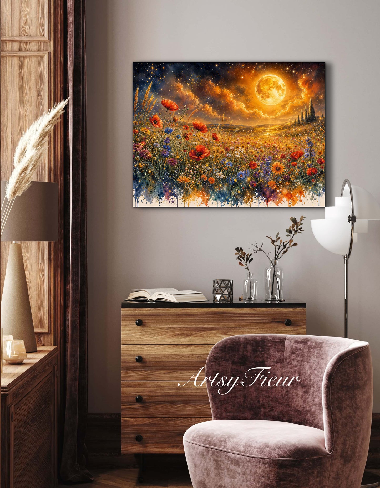 Framed Canvas Print- Vibrant Wildflowers and Poppies Oil Painting Textured Wall Art , Beautiful Original Artwork Ready to Hang Living Room, Floral
