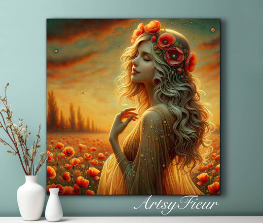Framed canvas- Original Artwork Vibrant Poppies watercolour floral painting beautiful blondewoman ready to hang wall art print, abstract portrait colourful painting for living room