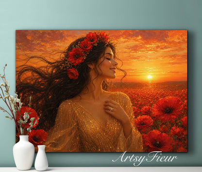Framed Canvas - Vibrant Poppies Whimsical Full Moon Bride in Poppy Field, Wall Art Ready to hang Oil Painting Original Artwork Print