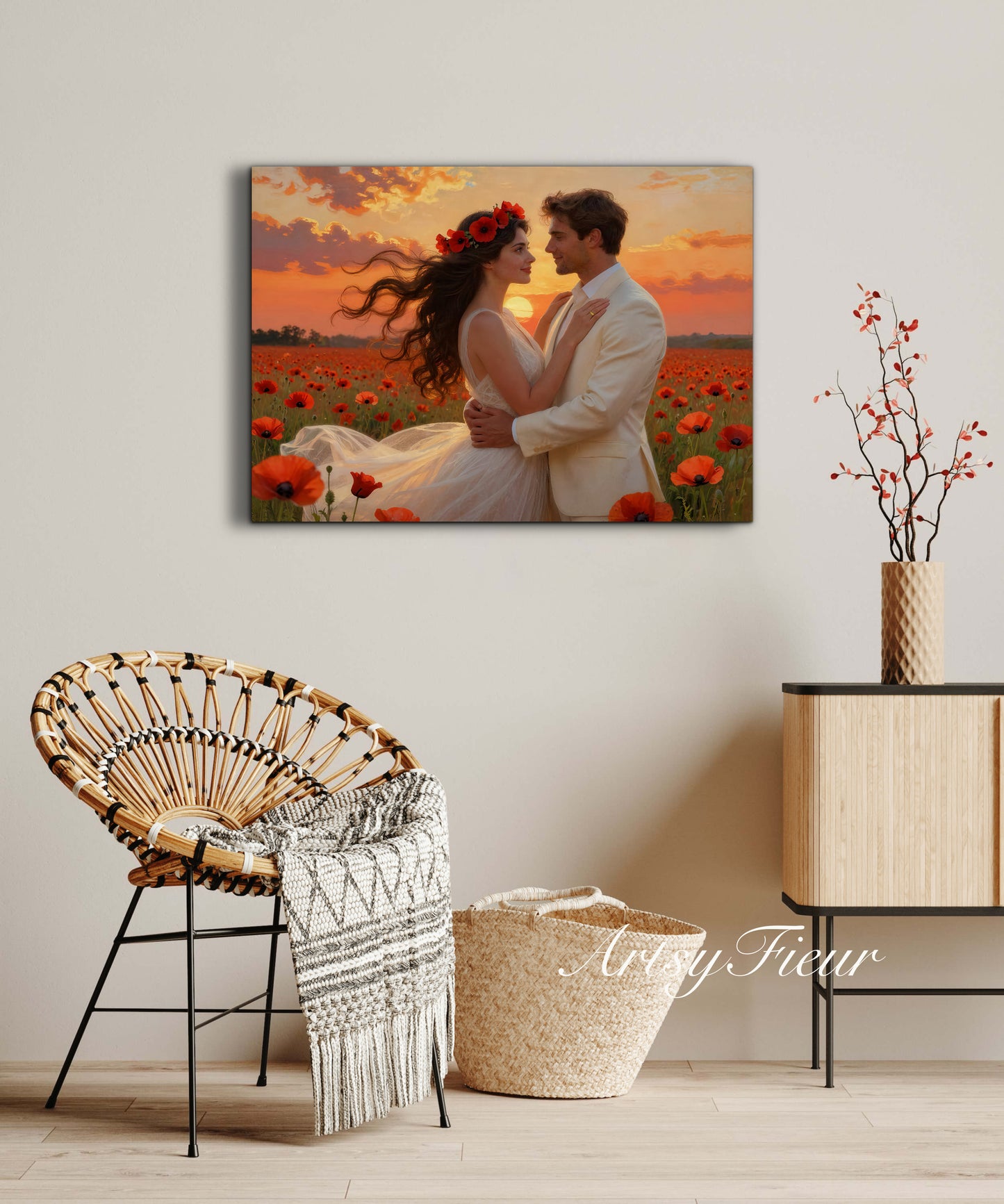 Framed canvas- whimsical full moon sunset bride and groom, wedding, poppy field, vibrant colours living room original artwork, fantasy oil painting wall art print