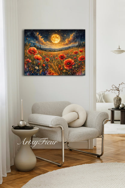Framed Canvas Print- Vibrant Wildflowers and Poppies Oil Painting Textured Wall Art , Beautiful Original Artwork Ready to Hang Living Room, Floral