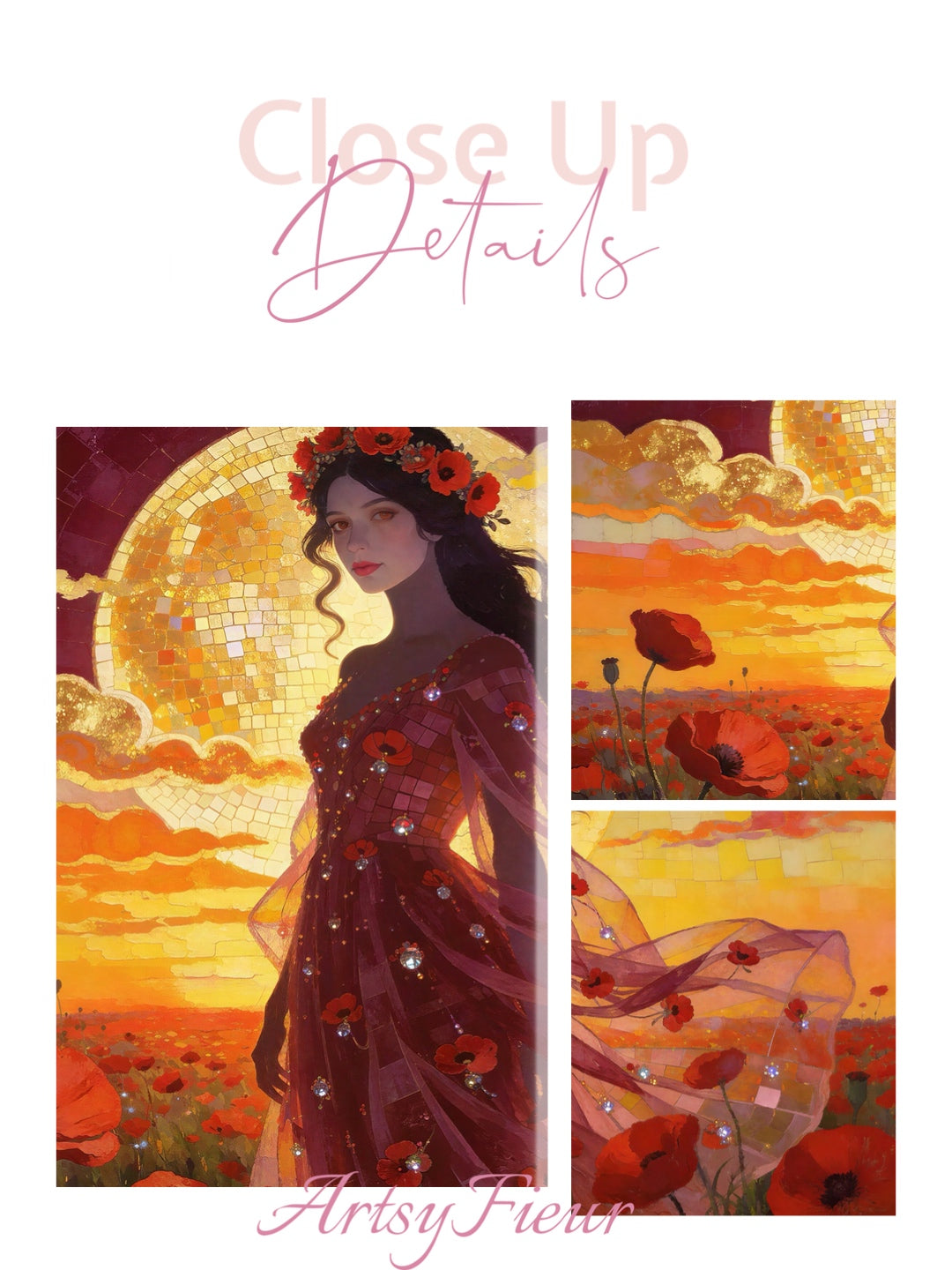 Framed Canvas - Vibrant Poppies Whimsical Full Moon Beautiful Brunette Woman in the Poppy Field, Wall Art Ready to hang Oil Painting Original Artwork Print