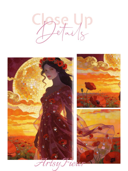 Framed Canvas - Vibrant Poppies Whimsical Full Moon Beautiful Brunette Woman in the Poppy Field, Wall Art Ready to hang Oil Painting Original Artwork Print