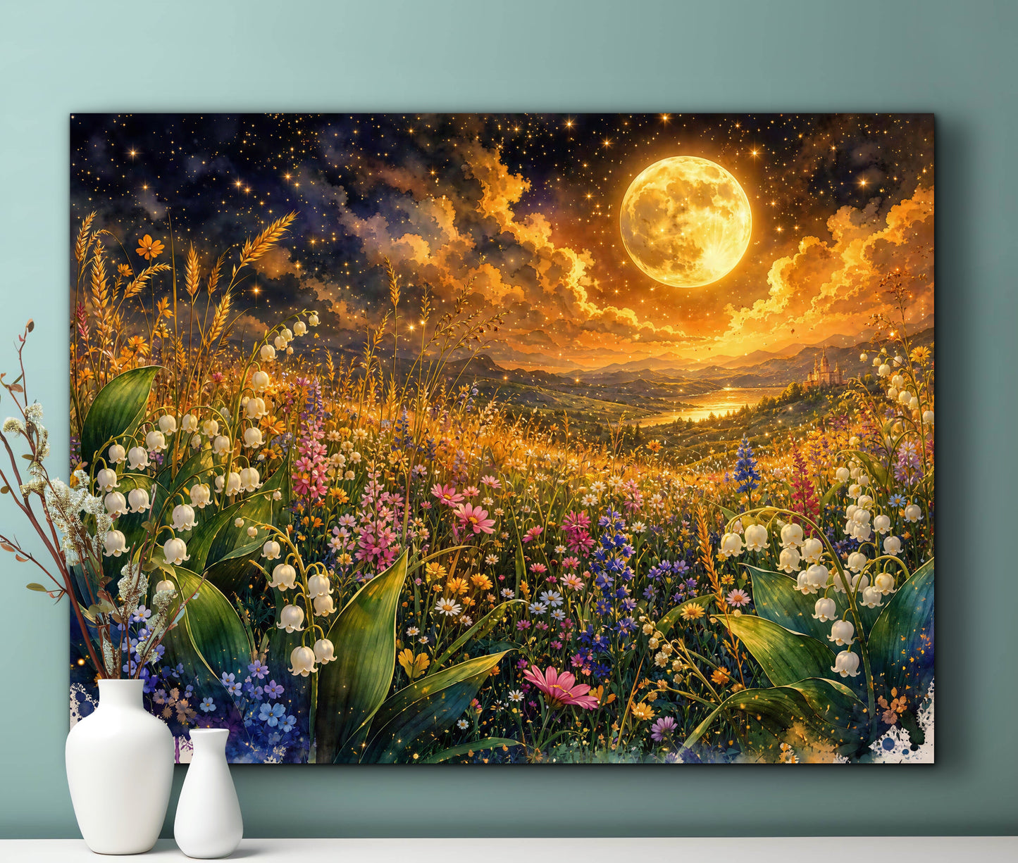 Framed Canvas Print- Vibrant Wildflowers and Lilly of The Valley Oil Painting Textured Wall Art , Beautiful Original Artwork Ready to Hang Living Room, Floral