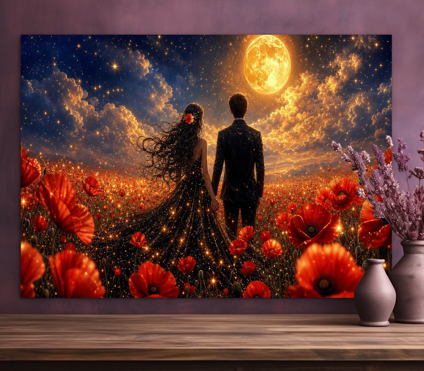 Framed canvas- whimsical full moon sunset bride and groom, black wedding dress poppy field, vibrant colours living room original artwork, fantasy oil painting wall art print