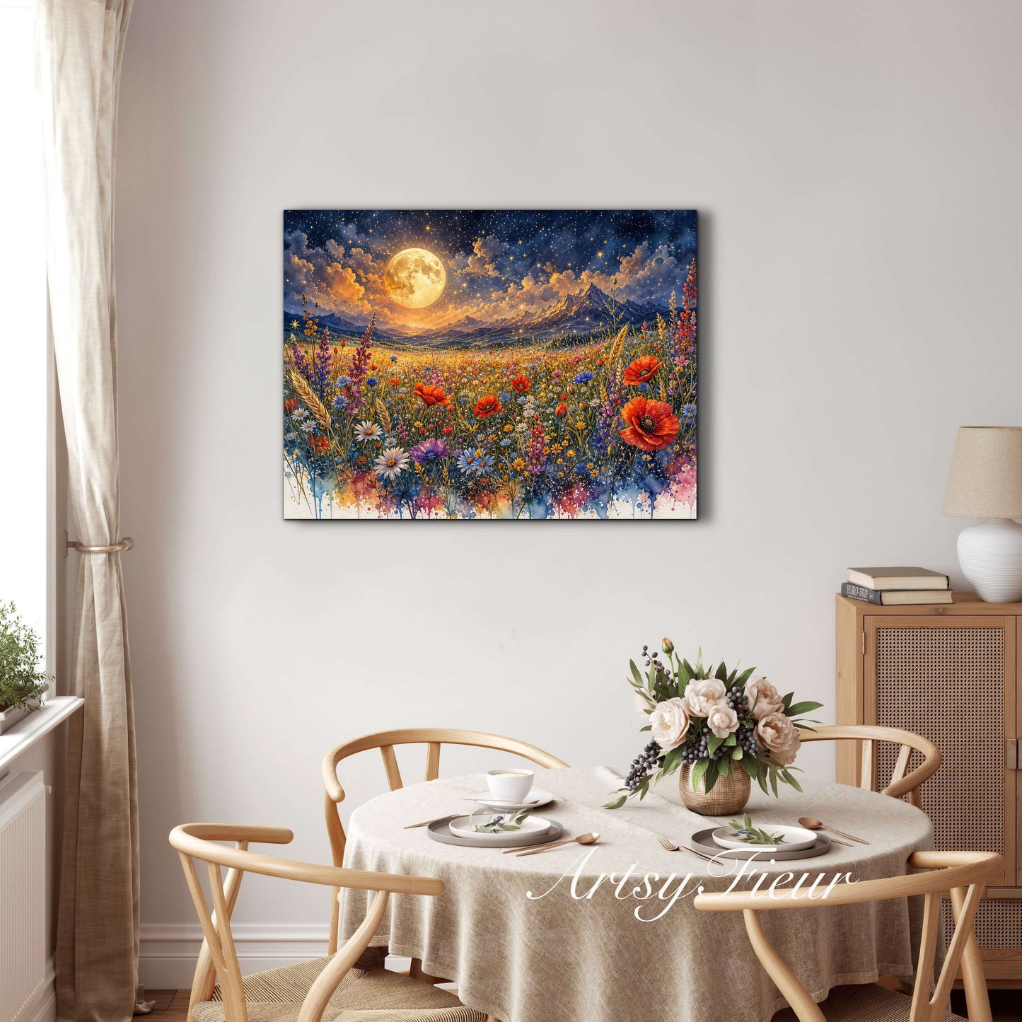 Framed Canvas Print- Vibrant Wildflowers and Poppies Oil Painting Textured Wall Art , Beautiful Original Artwork Ready to Hang Living Room, Floral