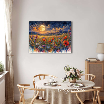 Framed Canvas Print- Vibrant Wildflowers and Poppies Oil Painting Textured Wall Art , Beautiful Original Artwork Ready to Hang Living Room, Floral
