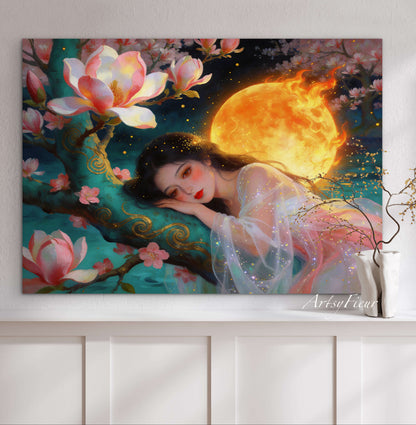 Framed Canvas- Vibrant Magnolia Flowers Beautiful Brunette Asian Woman’s Abstract Portrait Original Artwork Fantasy Wall Art Print