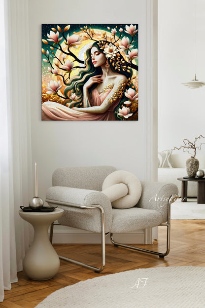 Framed canvas- Original Artwork Vibrant Magnolia Flowers Mosaic Portrait Beautiful Brunette Woman Wall Art Print