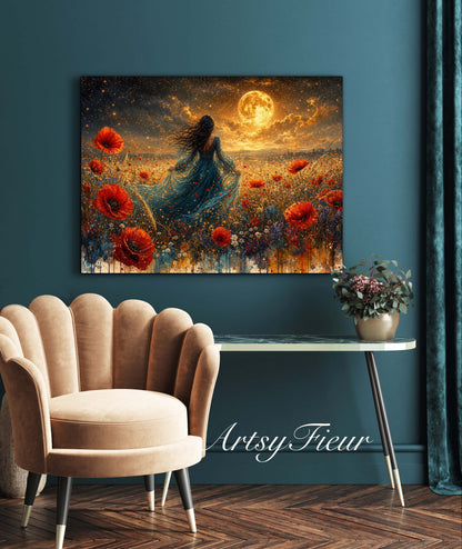 Framed Canvas - Vibrant poppies and wildflowers Whimsical Full Moon starry night sky Bride in Poppy Field, Wall Art Ready to hang original Artwork Print Blue Dress