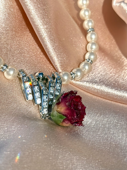 Real Red Rose Necklace |Preserved flower in resin | Mini red rose pearl necklace | White pearl | Silver Baroque Crystal pendant