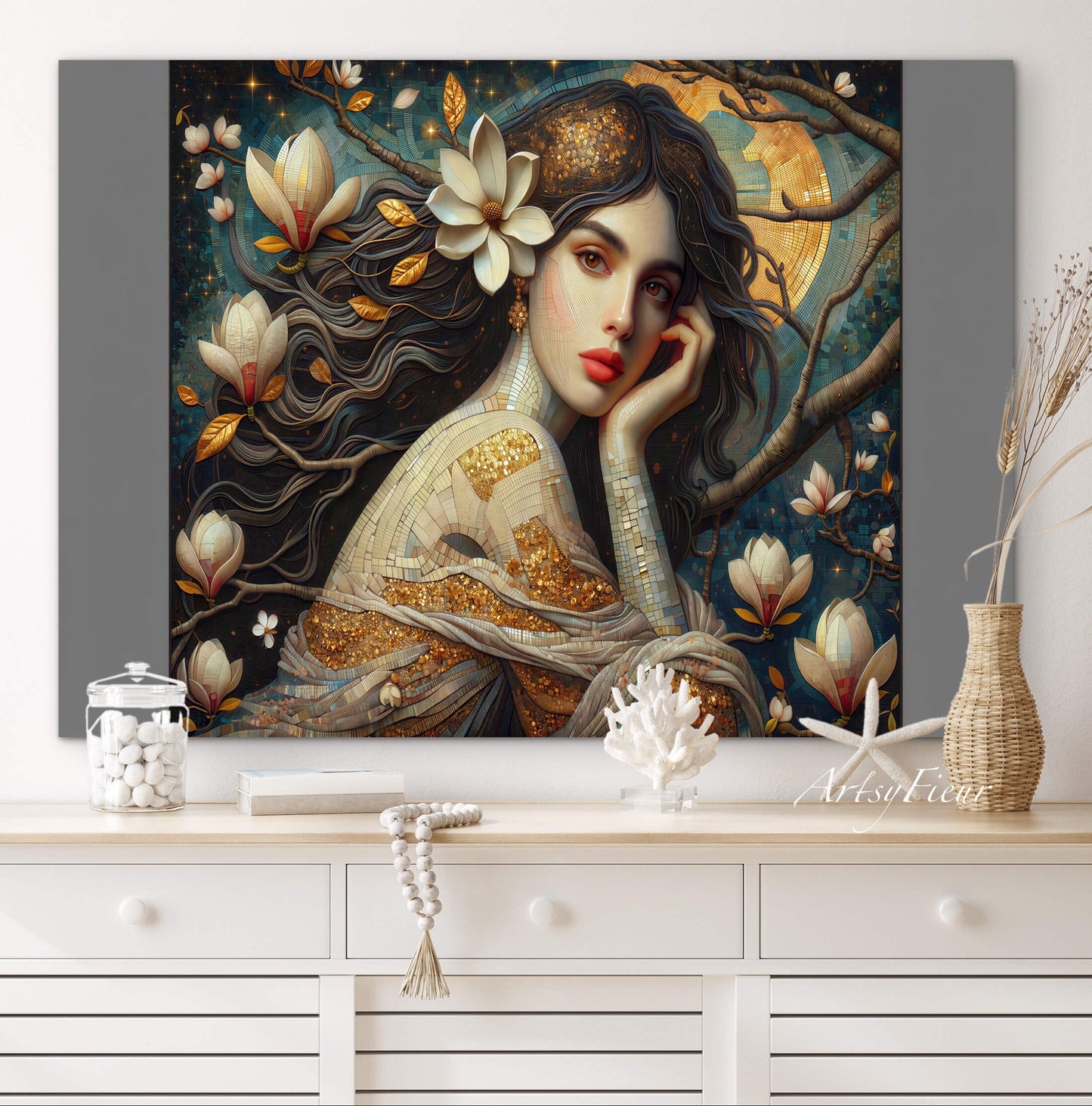 Framed Canvas- Vibrant Magnolia Flowers Beautiful Brunette Woman’s Abstract Portrait Mosaic Original Artwork Fantasy Wall Art Print