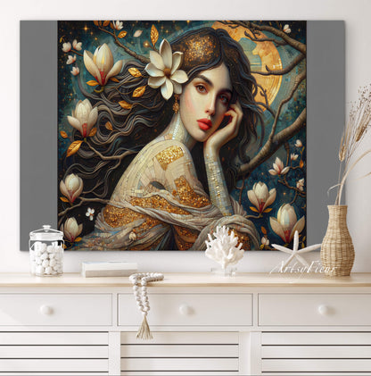 Framed Canvas- Vibrant Magnolia Flowers Beautiful Brunette Woman’s Abstract Portrait Mosaic Original Artwork Fantasy Wall Art Print