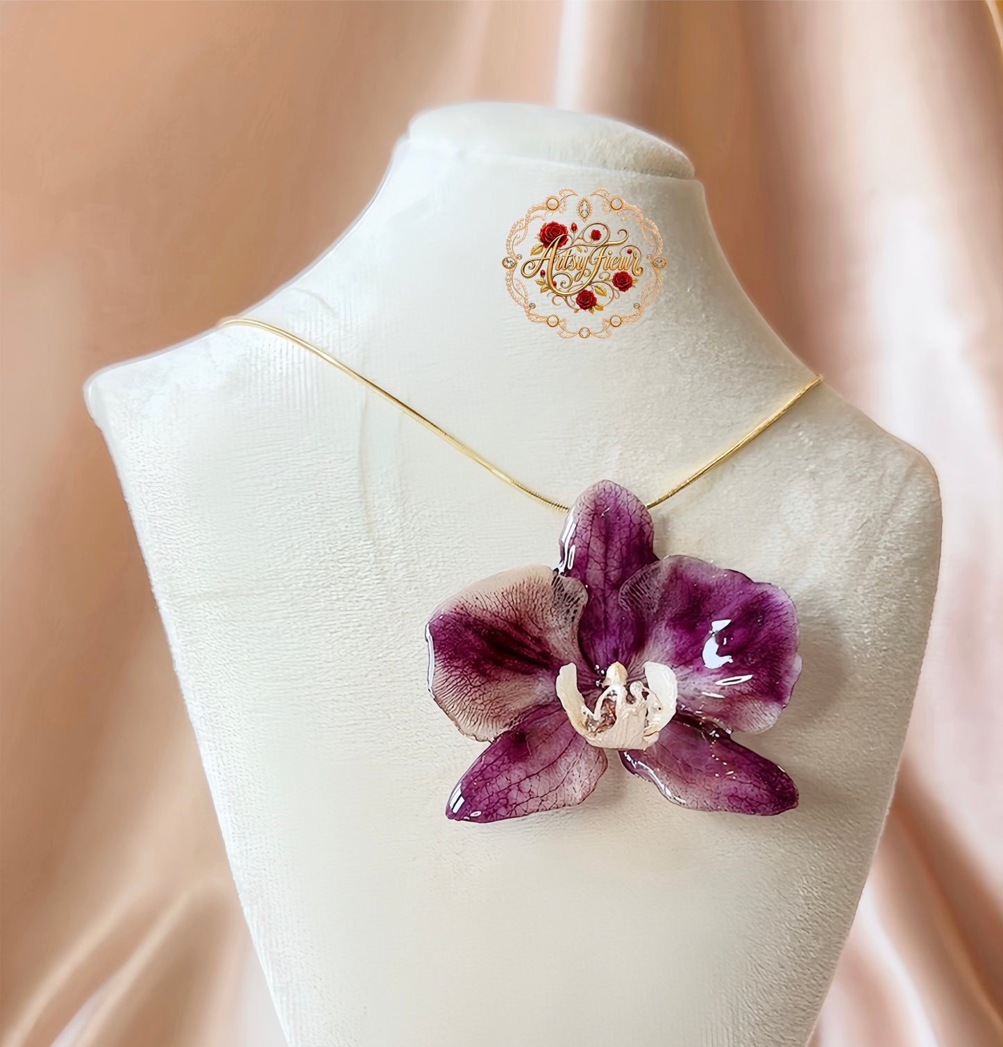 *REAL FLOWER Large Dark Purple Orchid Necklace Preserved Flower in Resin Pendant Orchid on Chain Botanical Floral Necklace