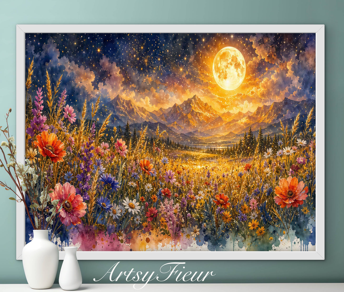 Framed canvas- vibrant full moon starry night sky colourful wildflowers floral wall art living room