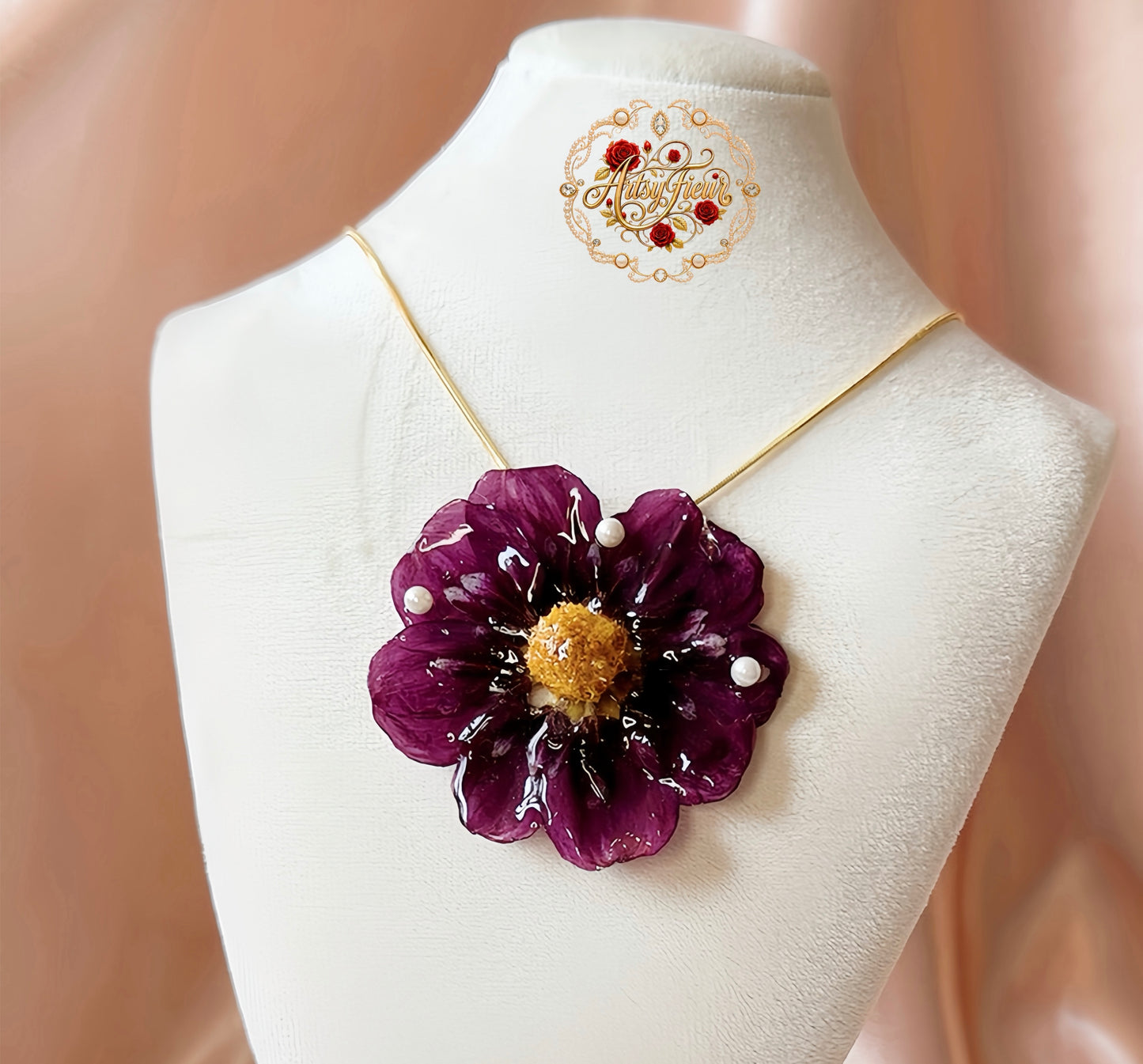 *REAL FLOWER Purple Dahlia Necklace | Preserved flower in resin | Floral pendant on chain | Hypoallergenic Gold Plated