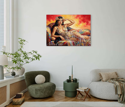 Framed canvas Beautiful Brunette on colourful sofa vibrant wall art abstract portrait, vibrant colours fantasy watercolour painting Ready to Hang Living Room Wall Art Print