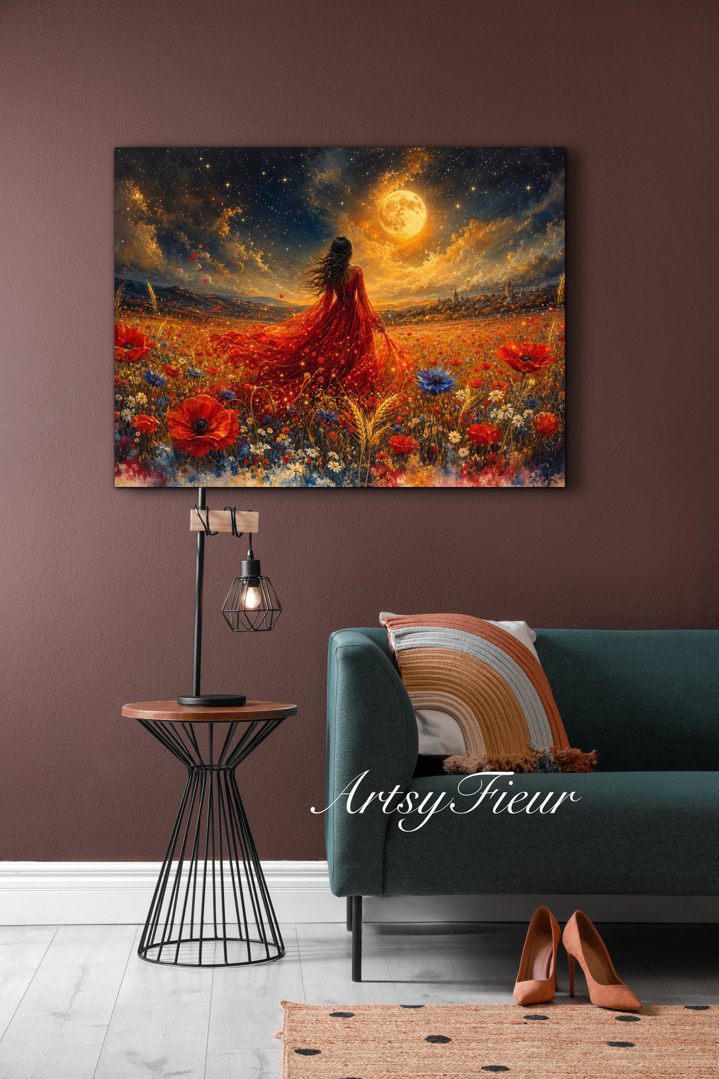 Framed Canvas - Vibrant poppies and wildflowers Whimsical Full Moon starry night sky Bride in Poppy Field, Wall Art Ready to hang original Artwork Print Red Dress