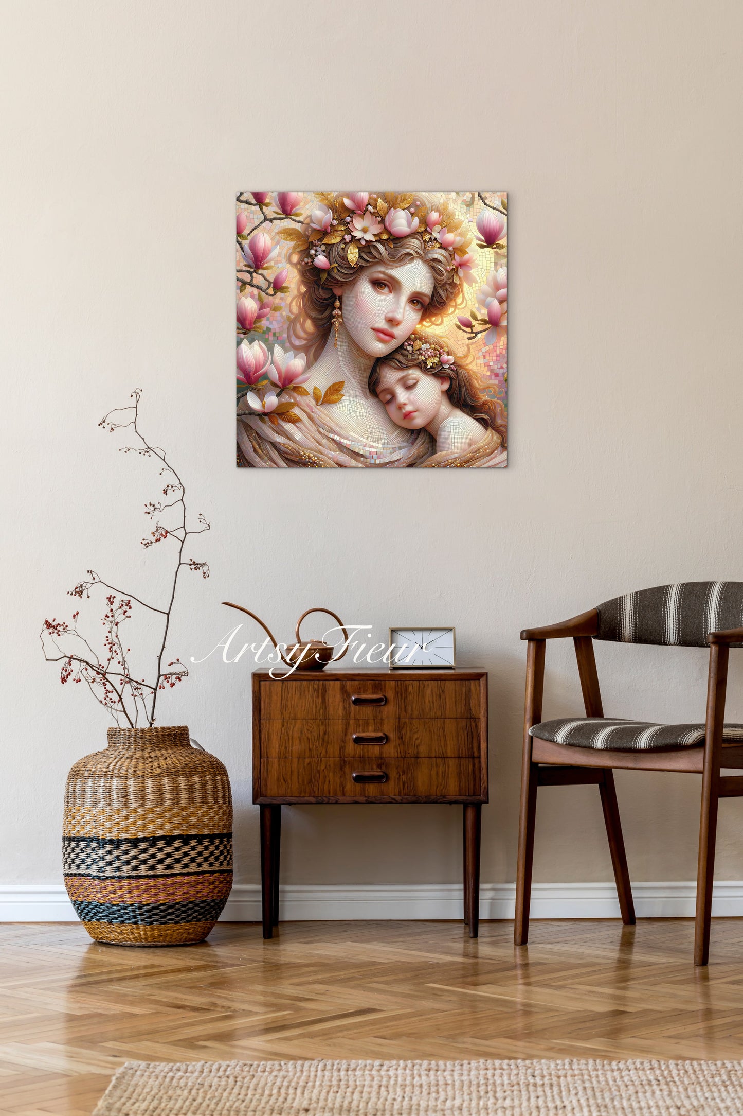 Framed canvas- ready to hang wall art print, abstract mother and daughter portrait Mosaic