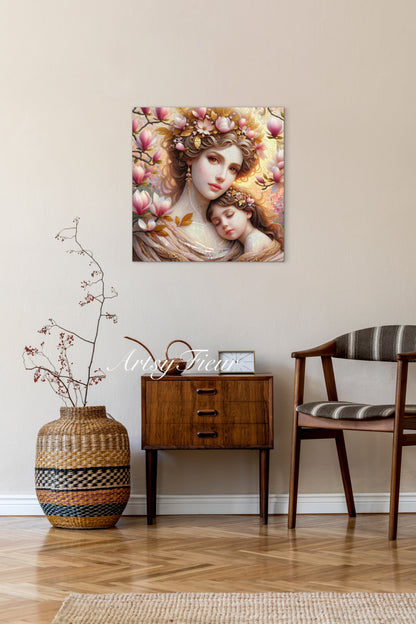 Framed canvas- ready to hang wall art print, abstract mother and daughter portrait Mosaic
