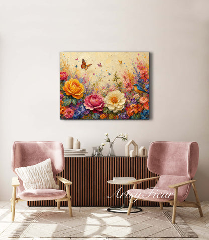 Framed Canvas Print- Vibrant Wildflowers and Petunias Oil Painting Textured Wall Art , Beautiful Original Artwork Ready to Hang Living Room, Floral