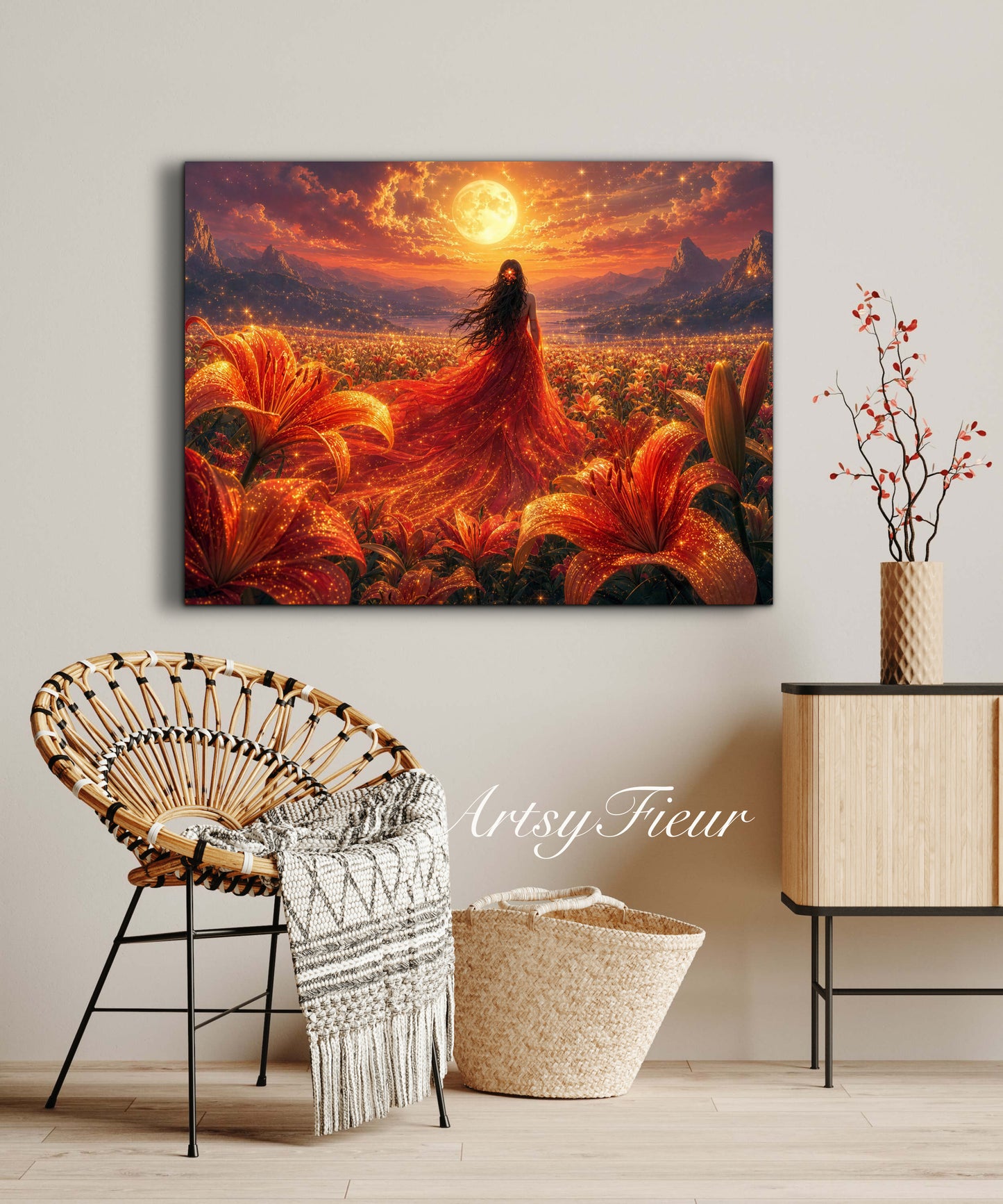 Framed Canvas - Vibrant Lilies Whimsical Full Moon Bride in Poppy Field, Wall Art Ready to hang Oil Painting Original Artwork Print Red Wedding Dress