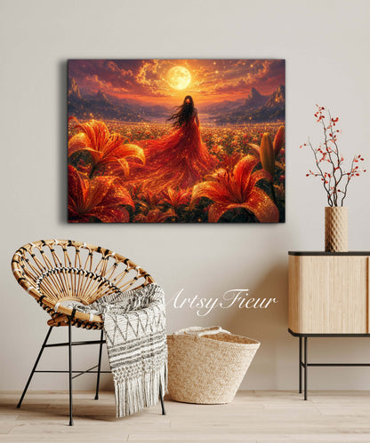Framed Canvas - Vibrant Lilies Whimsical Full Moon Bride in Poppy Field, Wall Art Ready to hang Oil Painting Original Artwork Print Red Wedding Dress