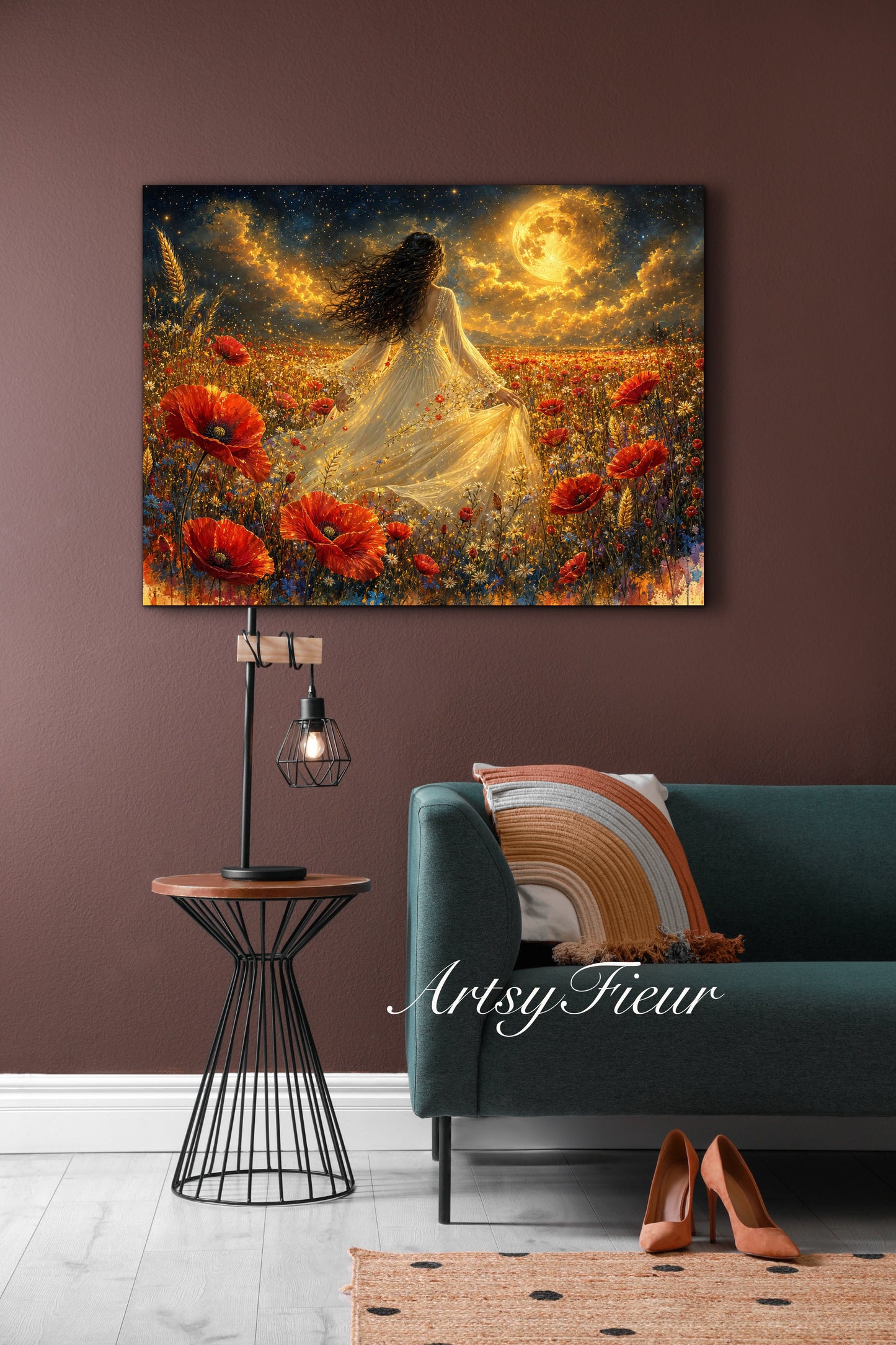 Framed Canvas - Vibrant poppies and wildflowers Whimsical Full Moon starry night sky Bride in Poppy Field, Wall Art Ready to hang original Artwork Print