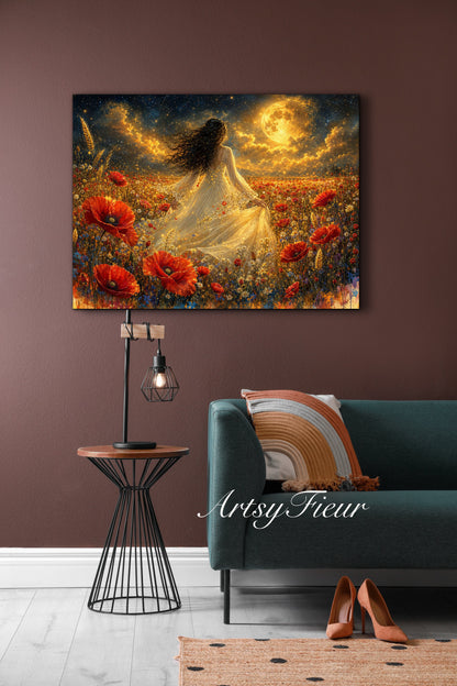 Framed Canvas - Vibrant poppies and wildflowers Whimsical Full Moon starry night sky Bride in Poppy Field, Wall Art Ready to hang original Artwork Print