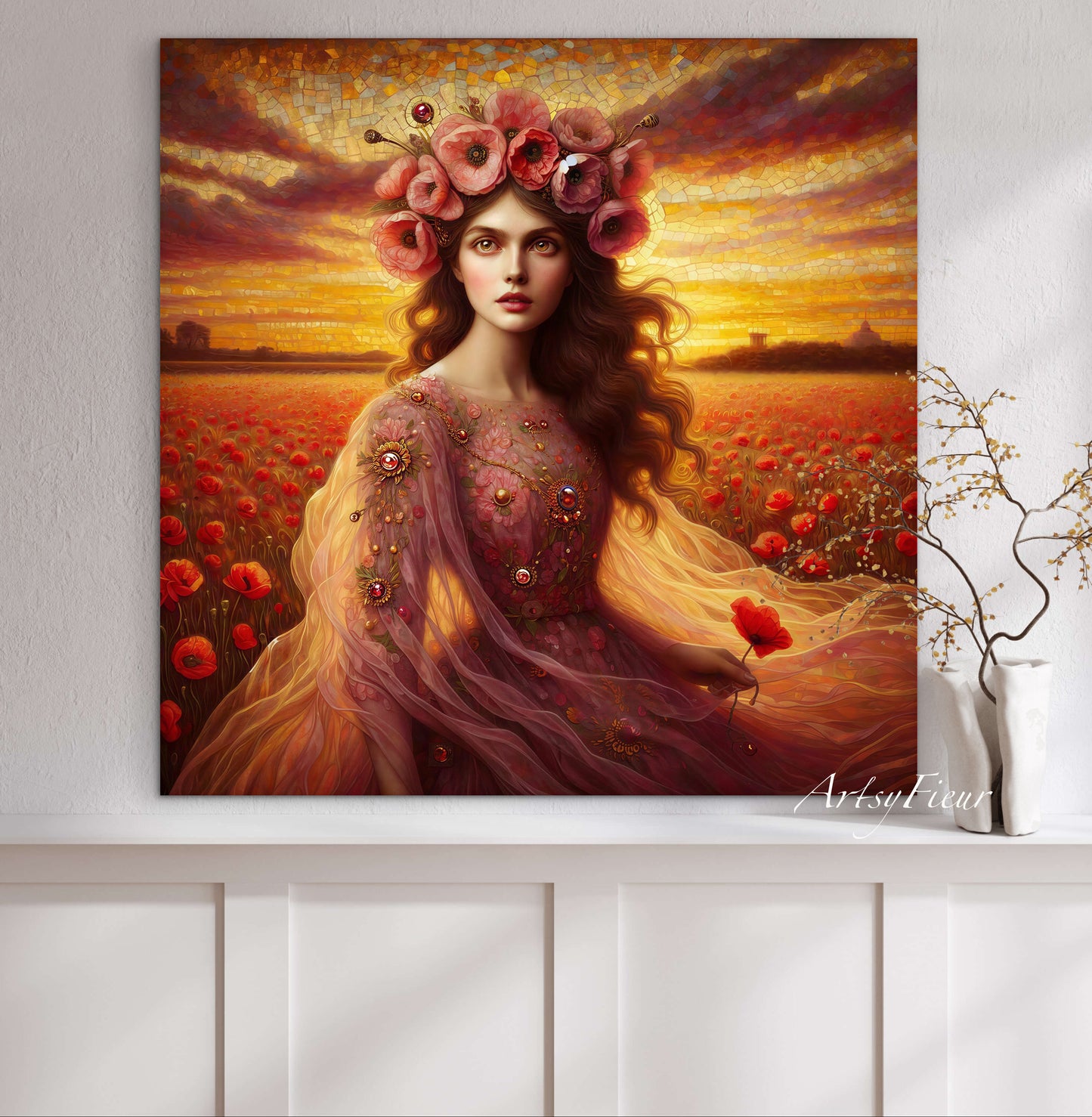 Framed canvas- Original Artwork Vibrant Poppies watercolour floral painting beautiful brunette woman ready to hang wall art print, abstract portrait