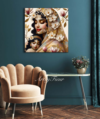 Framed canvas- ready to hang wall art print, abstract mother and daughter portrait Mosaic Magnolia Flowers Indian Beautiful Woman