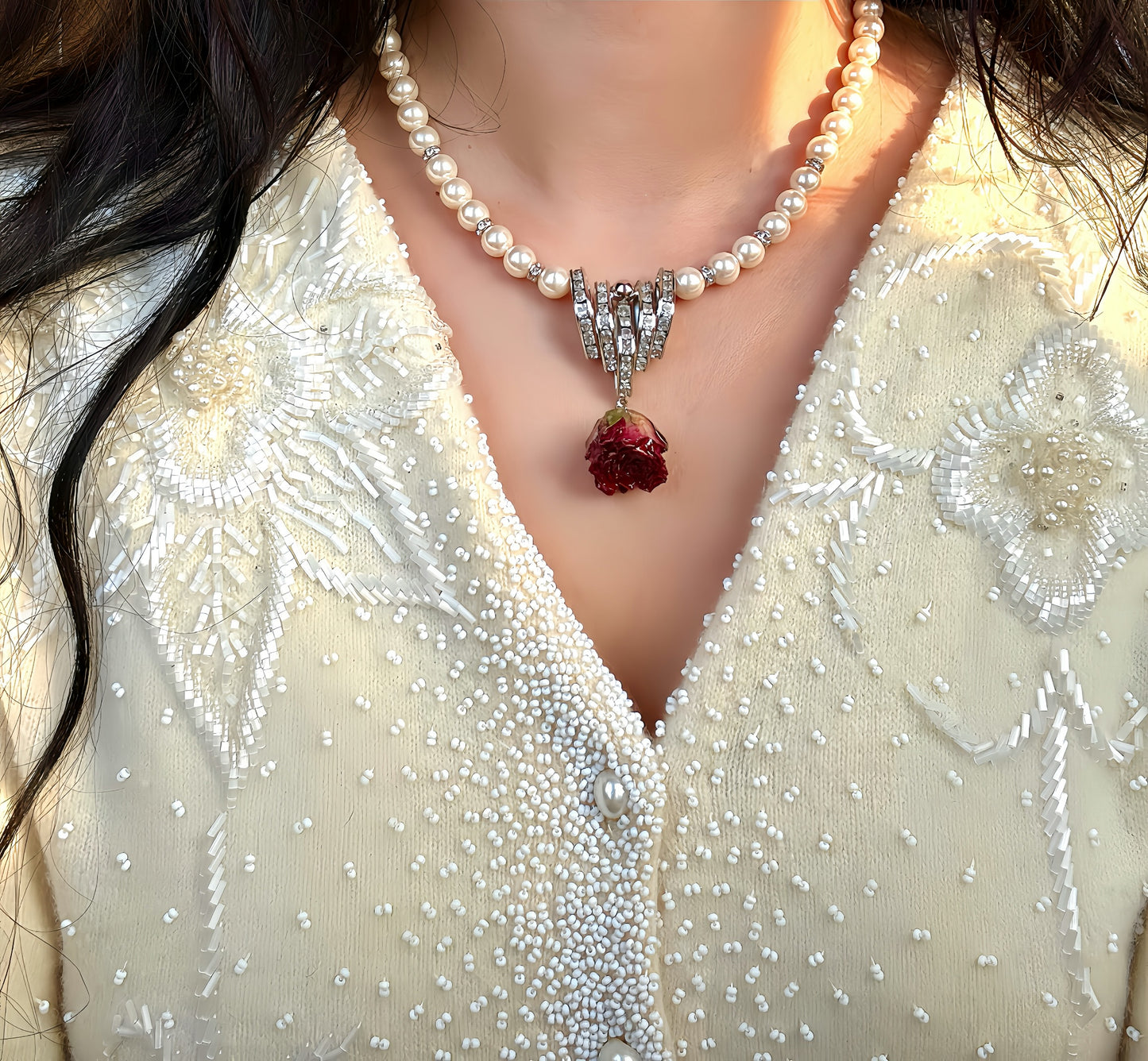 Real Red Rose Necklace |Preserved flower in resin | Mini red rose pearl necklace | White pearl | Silver Baroque Crystal pendant