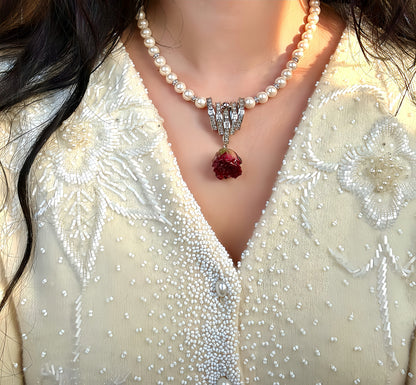 Real Red Rose Necklace |Preserved flower in resin | Mini red rose pearl necklace | White pearl | Silver Baroque Crystal pendant