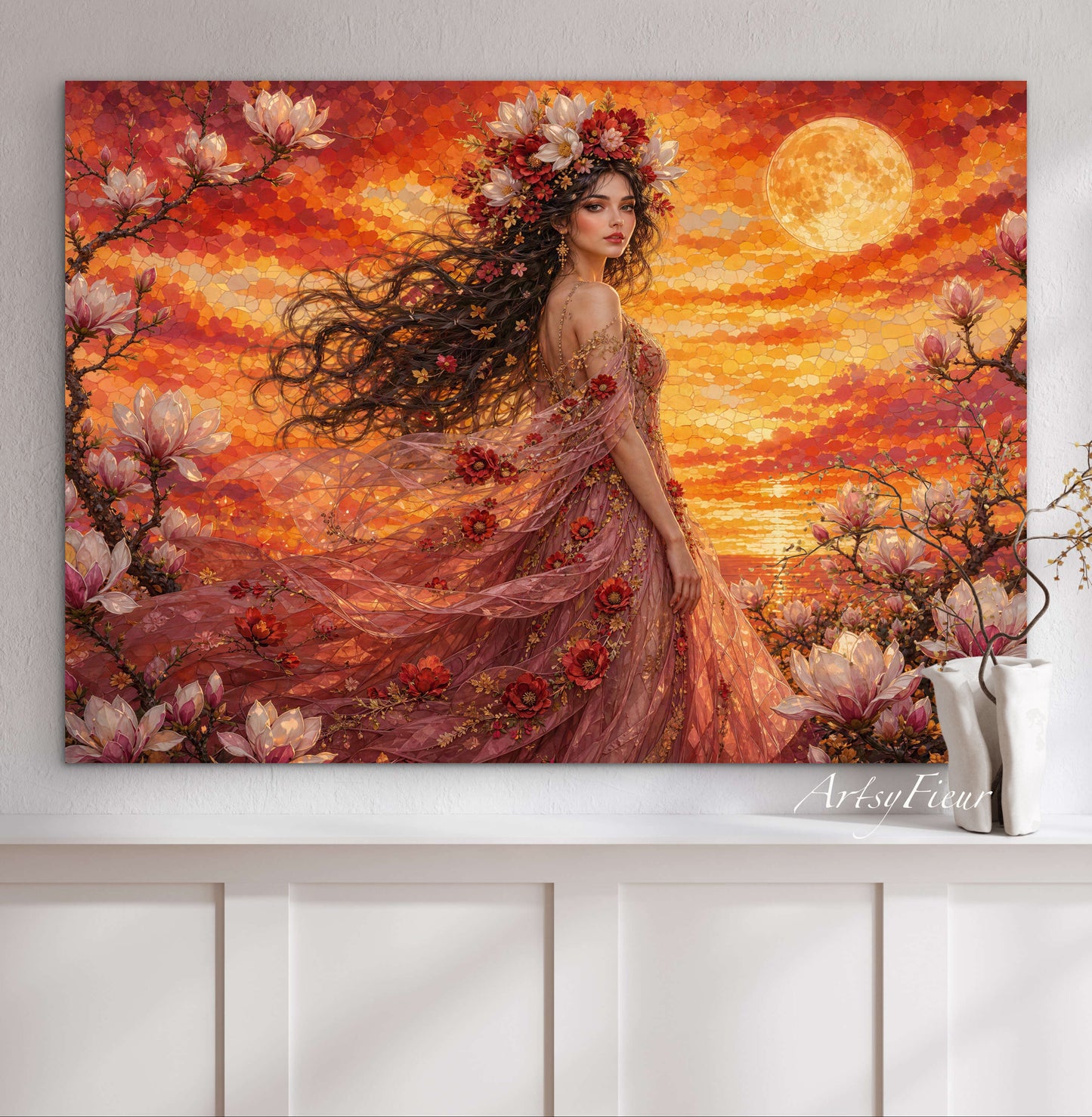 Framed Canvas- Vibrant Magnolia Flowers Beautiful Brunette Woman’s Abstract Portrait Mosaic Original Artwork Fantasy Wall Art Print