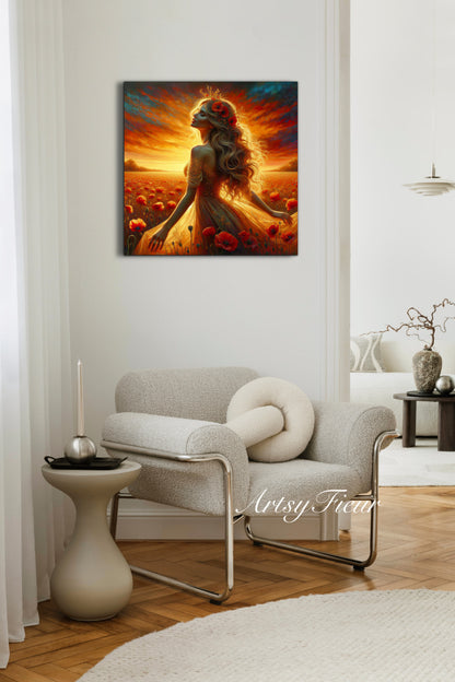 Framed canvas- Original Artwork Vibrant Poppies watercolour floral painting beautiful blondewoman ready to hang wall art print, abstract portrait colourful painting for living room