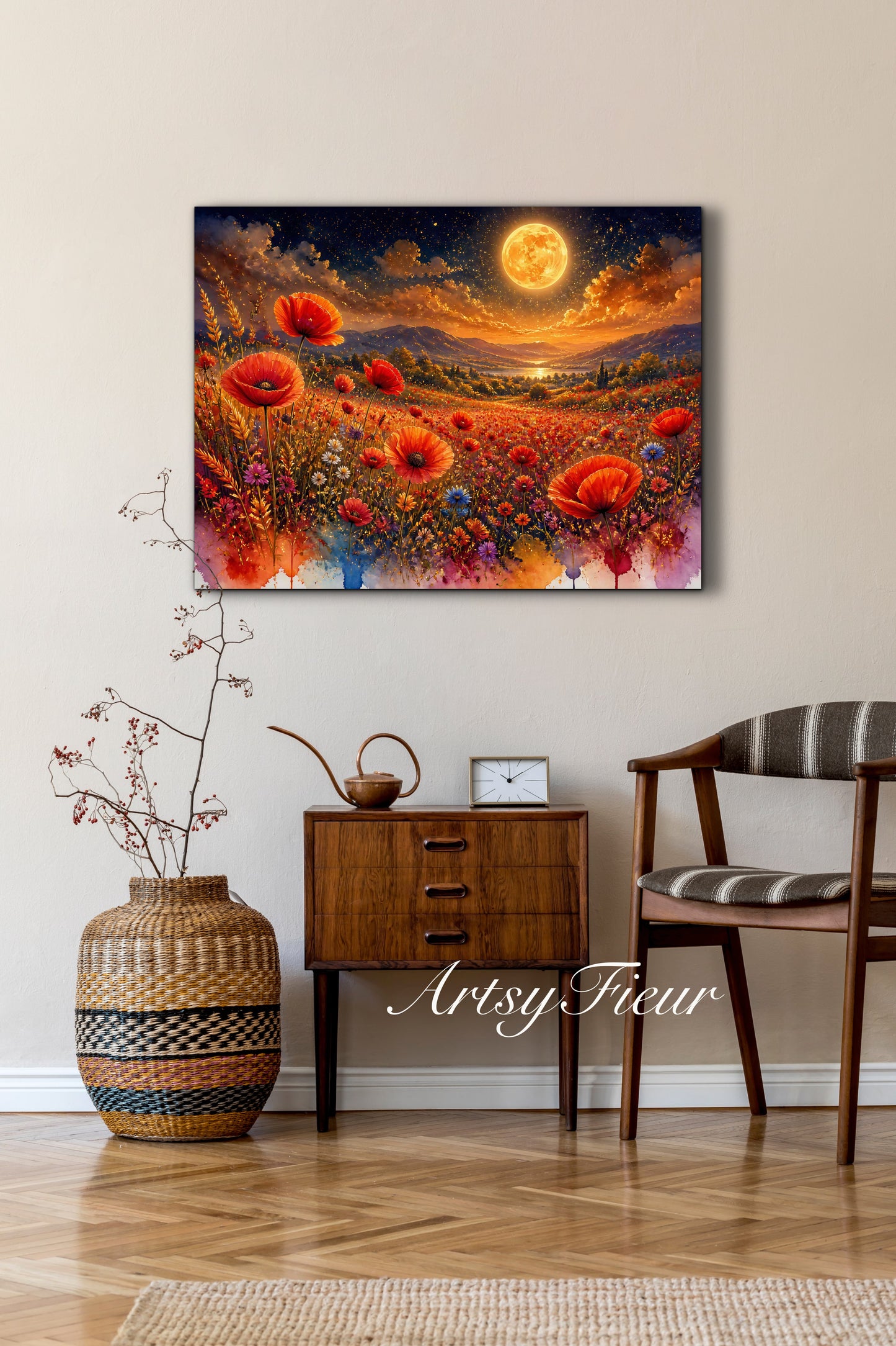 Framed Canvas Print- Vibrant Wildflowers and Poppies Oil Painting Textured Wall Art , Beautiful Original Artwork Ready to Hang Living Room, Floral