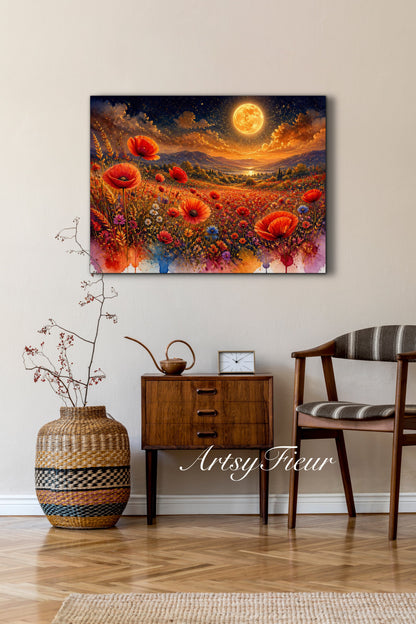 Framed Canvas Print- Vibrant Wildflowers and Poppies Oil Painting Textured Wall Art , Beautiful Original Artwork Ready to Hang Living Room, Floral