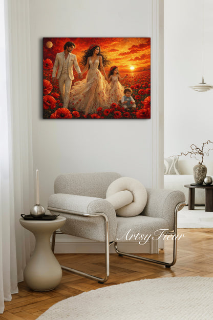 Framed Canvas- Vibrant Poppies Field Bride Groom Mother Daughter and Baby boy Portrait Whimsical Full Moon Sunset Fantasy Oil Painting Wall Art Print