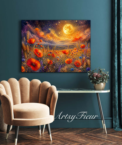 Framed Canvas Print- Vibrant Wildflowers and Poppies Oil Painting Textured Wall Art , Beautiful Original Artwork Ready to Hang Living Room, Floral
