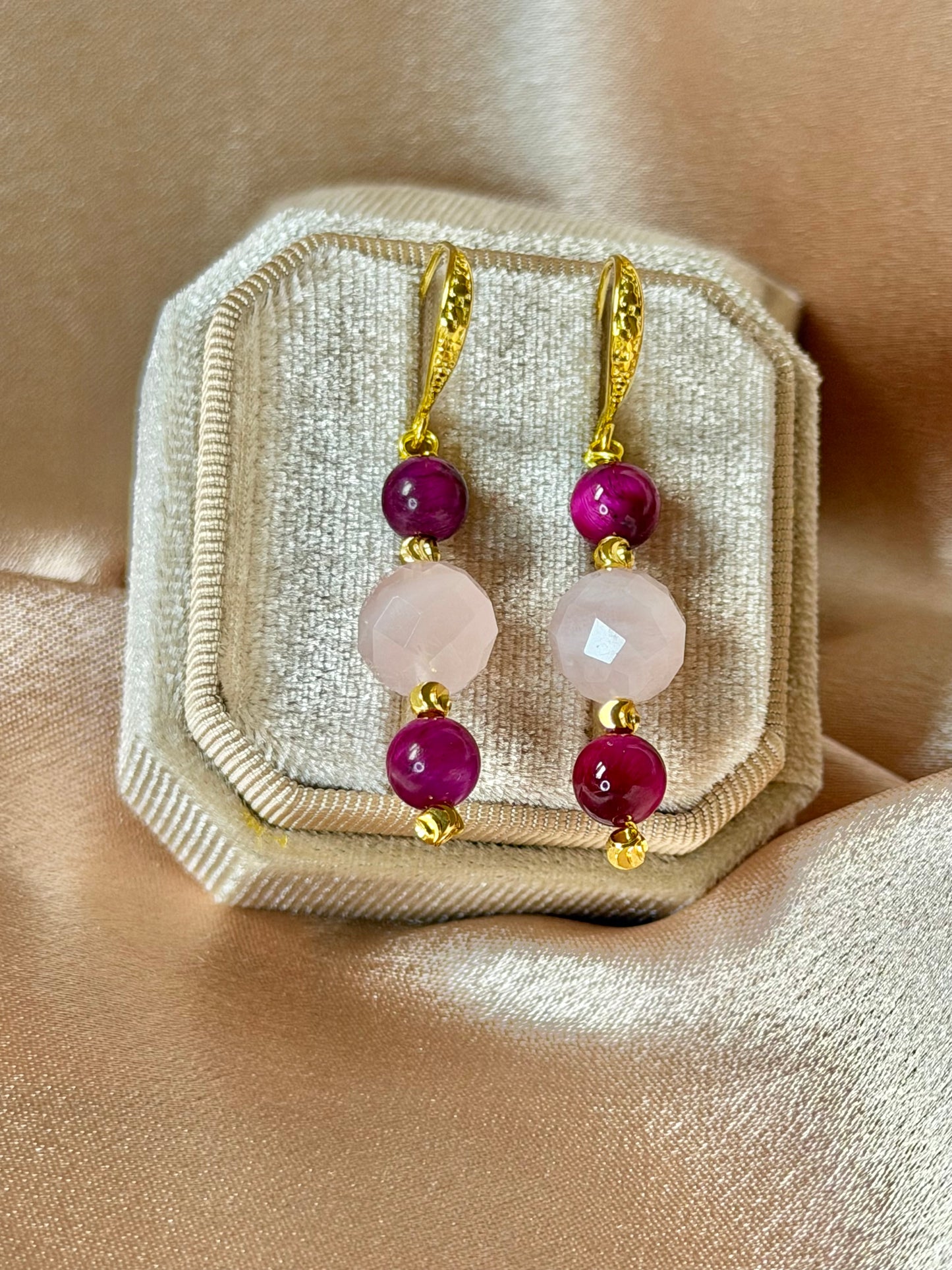 Handmade Rose Quartz Earrings Pink Tigers Eye Gemstone Long Drop Dangle Earrings Hypoallergenic