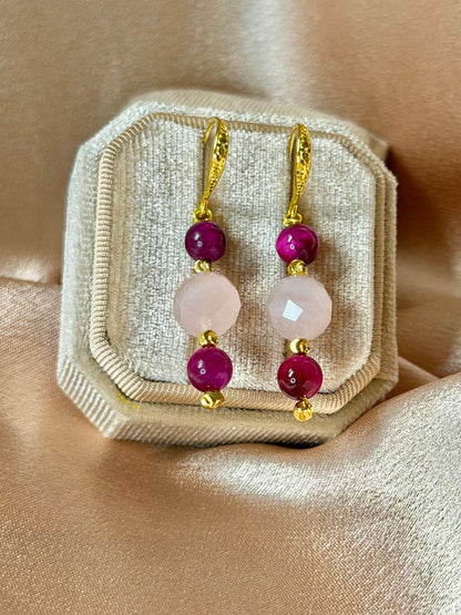 Handmade Rose Quartz Earrings Pink Tigers Eye Gemstone Long Drop Dangle Earrings Hypoallergenic
