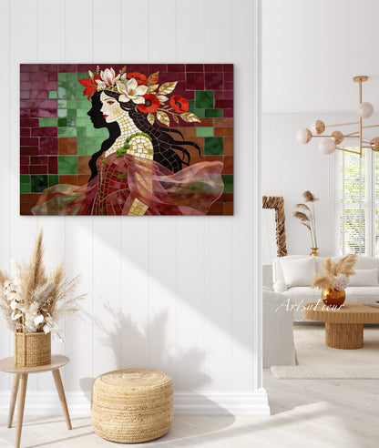 Framed Canvas- Vibrant Magnolia Flowers Beautiful Brunette Woman’s Abstract Portrait Mosaic Original Artwork Fantasy Wall Art Print Mother Nature