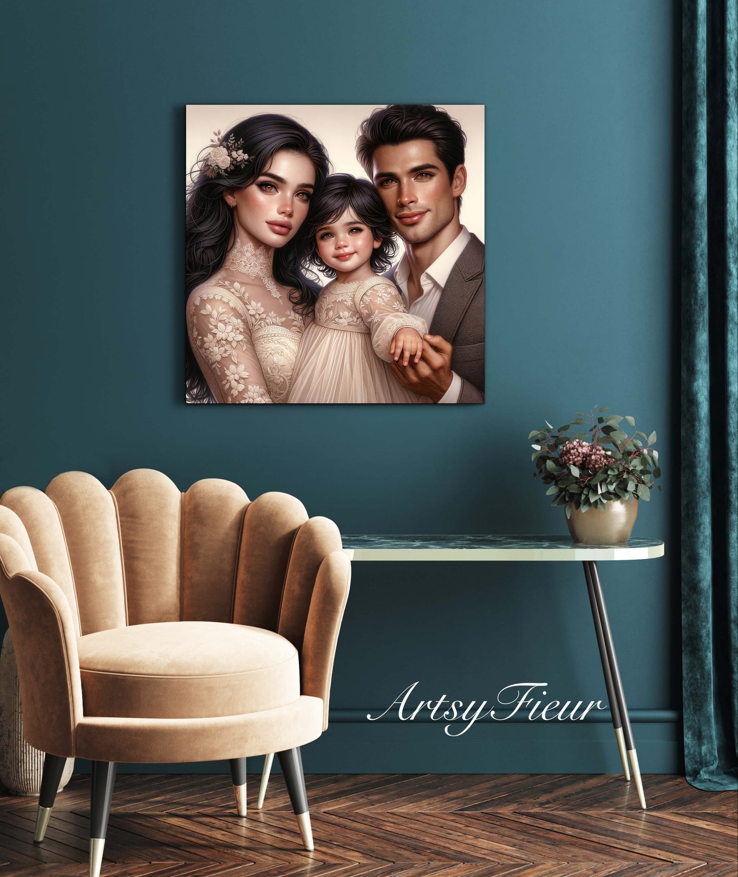 Framed canvas- ready to hang wall art print, colourful drawing abstract family portrait mother and daughter colourful drawing
