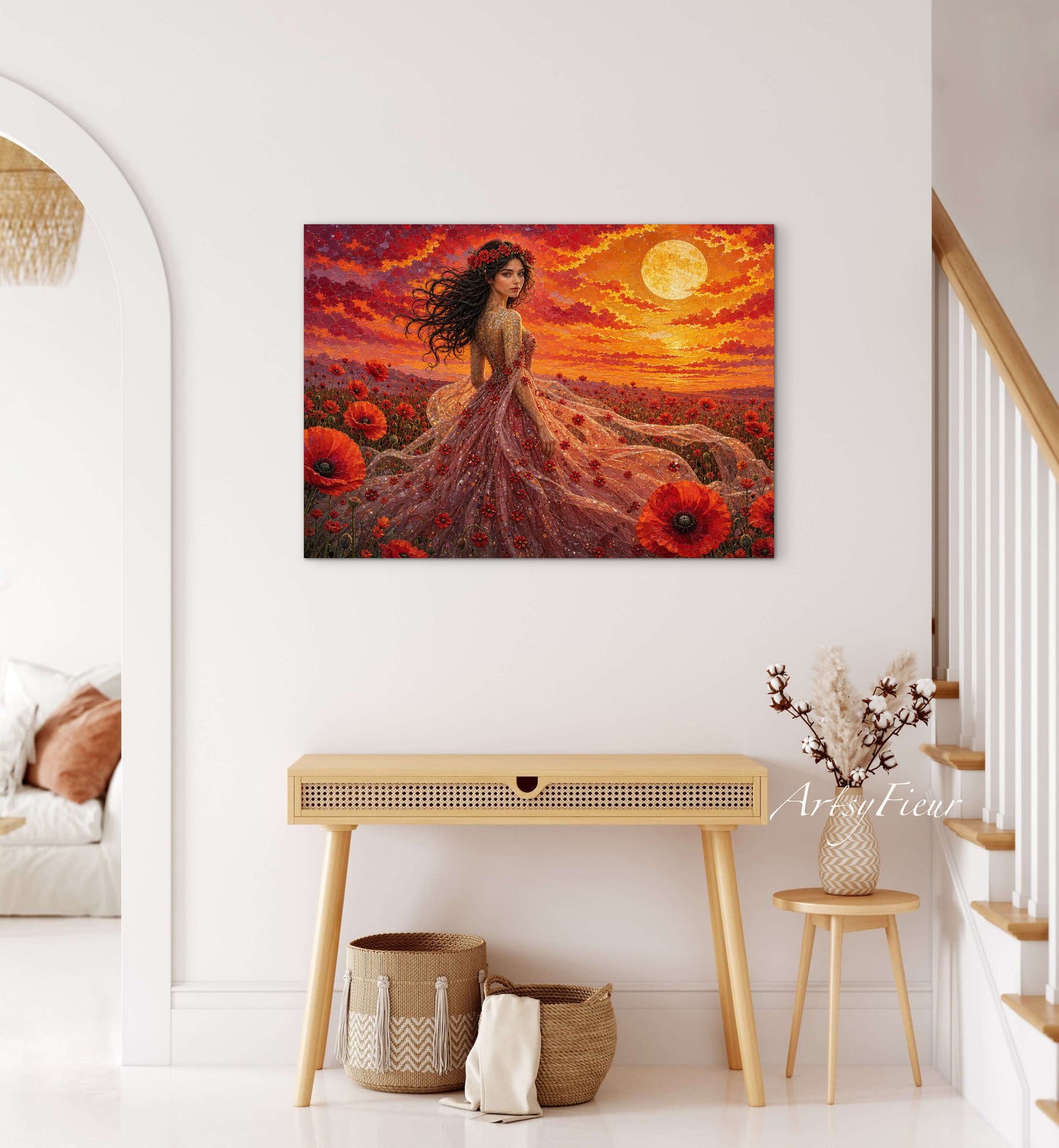 Framed Canvas - Vibrant Poppies Whimsical Full Moon Bride in Poppy Field, Wall Art Ready to hang Oil Painting Original Artwork Print