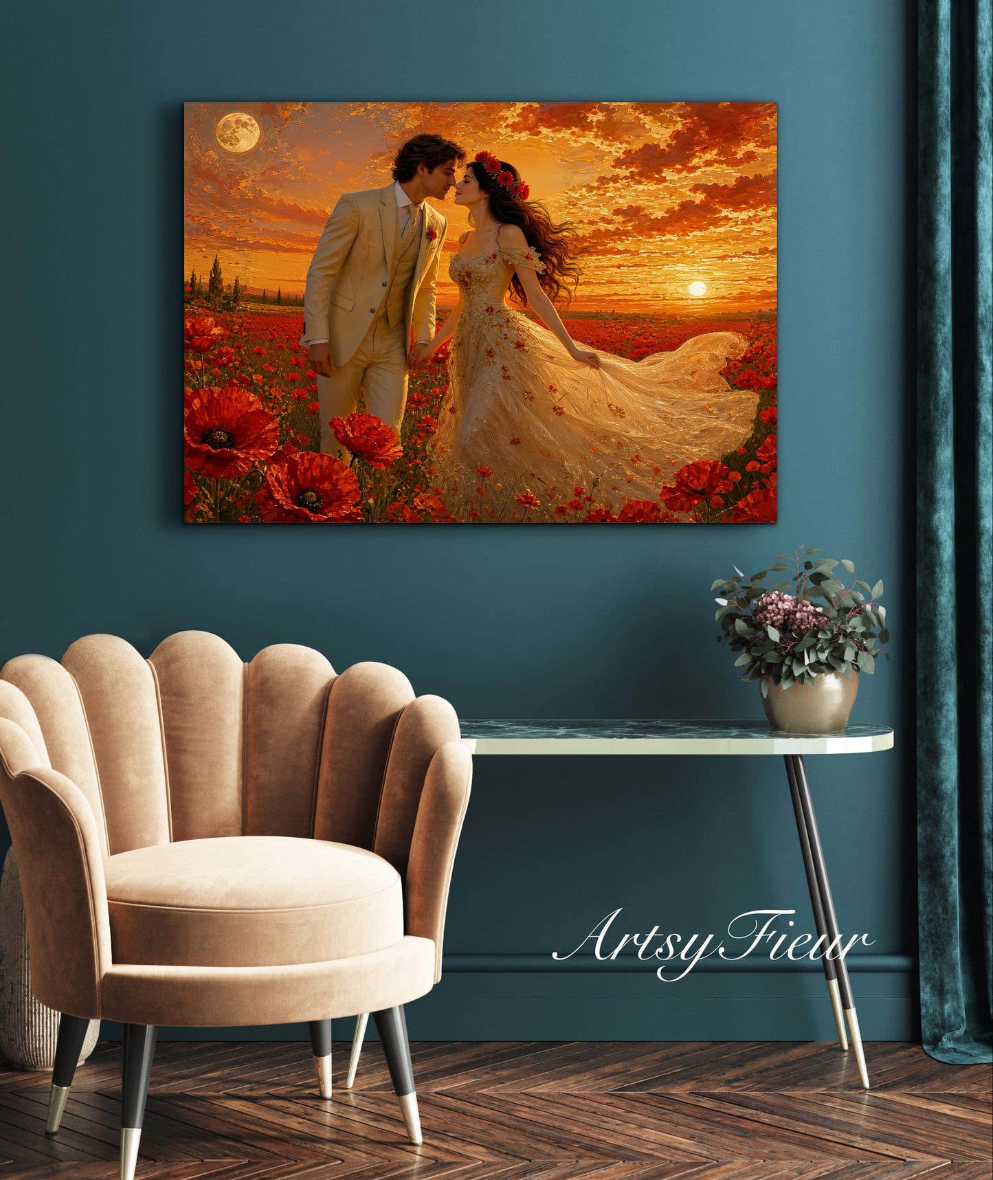 Framed canvas- whimsical full moon sunset bride and groom, wedding, poppy field, vibrant colours living room original artwork, fantasy oil painting wall art print