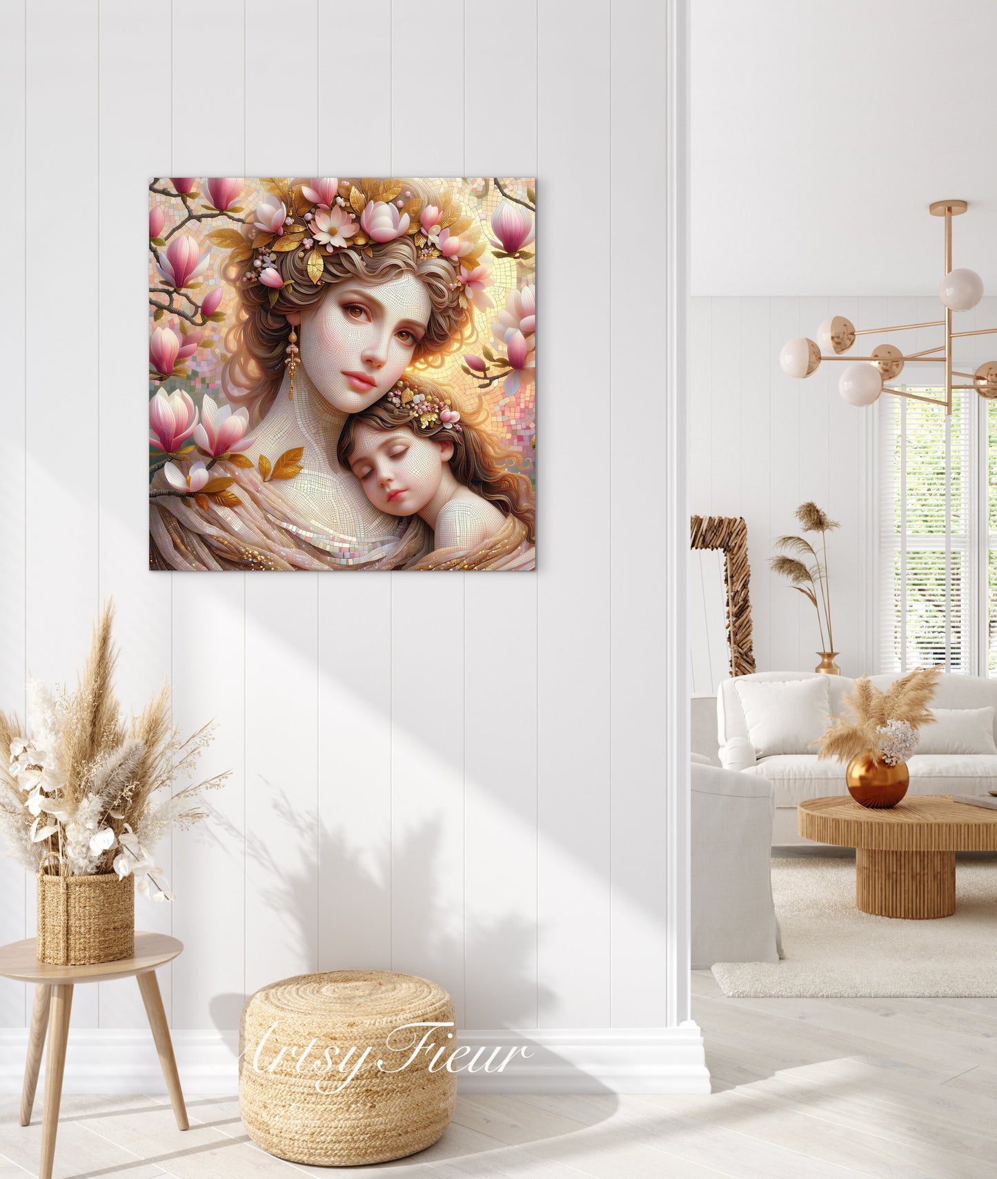 Framed canvas- ready to hang wall art print, abstract mother and daughter portrait Mosaic