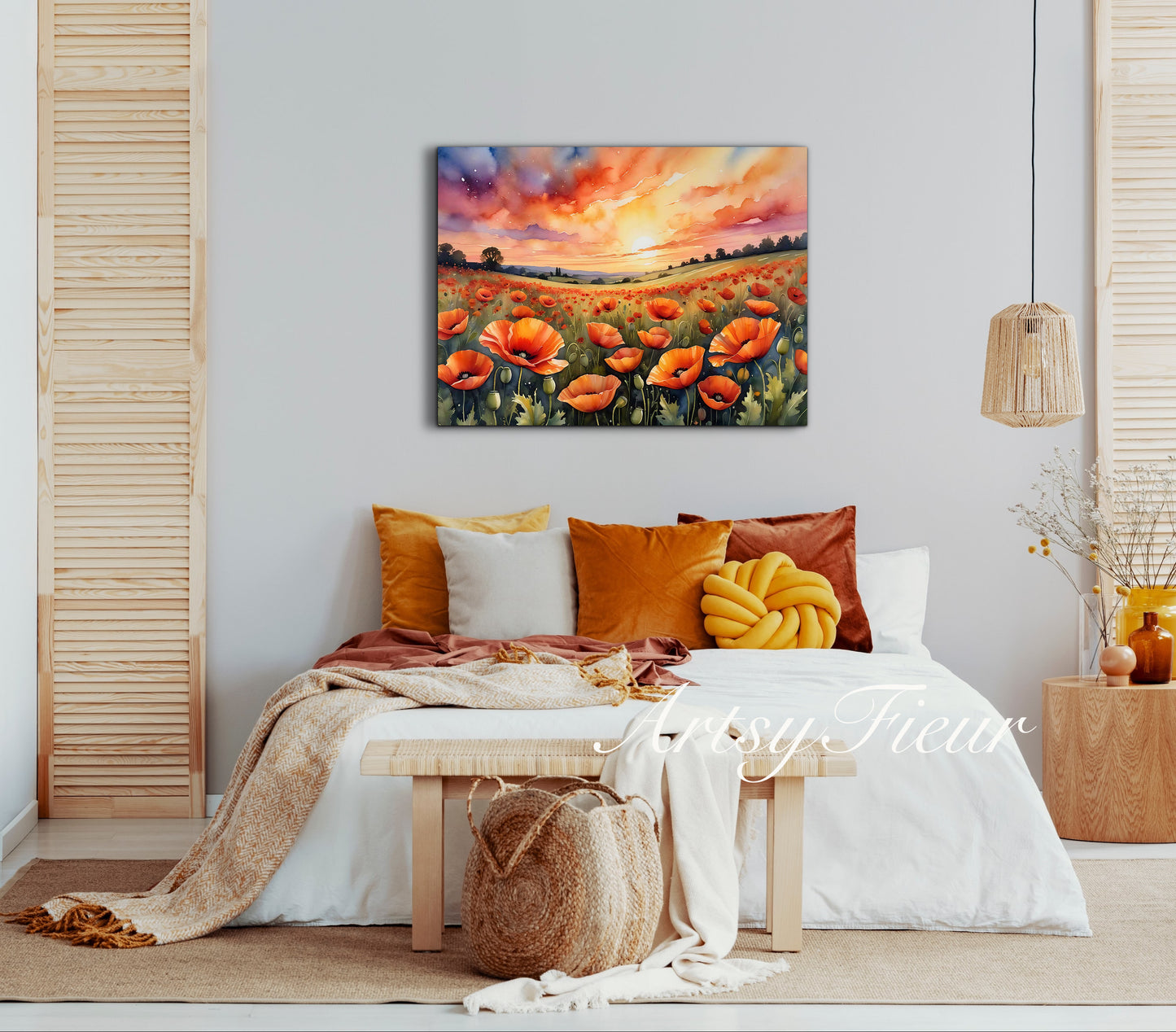 Framed canvas- ready to hand wall art print, beautiful vibrant colours watercolour fantasy painting poppy field at sunset flowers , floral field landscape, unique gift,  one of a kind original artwork