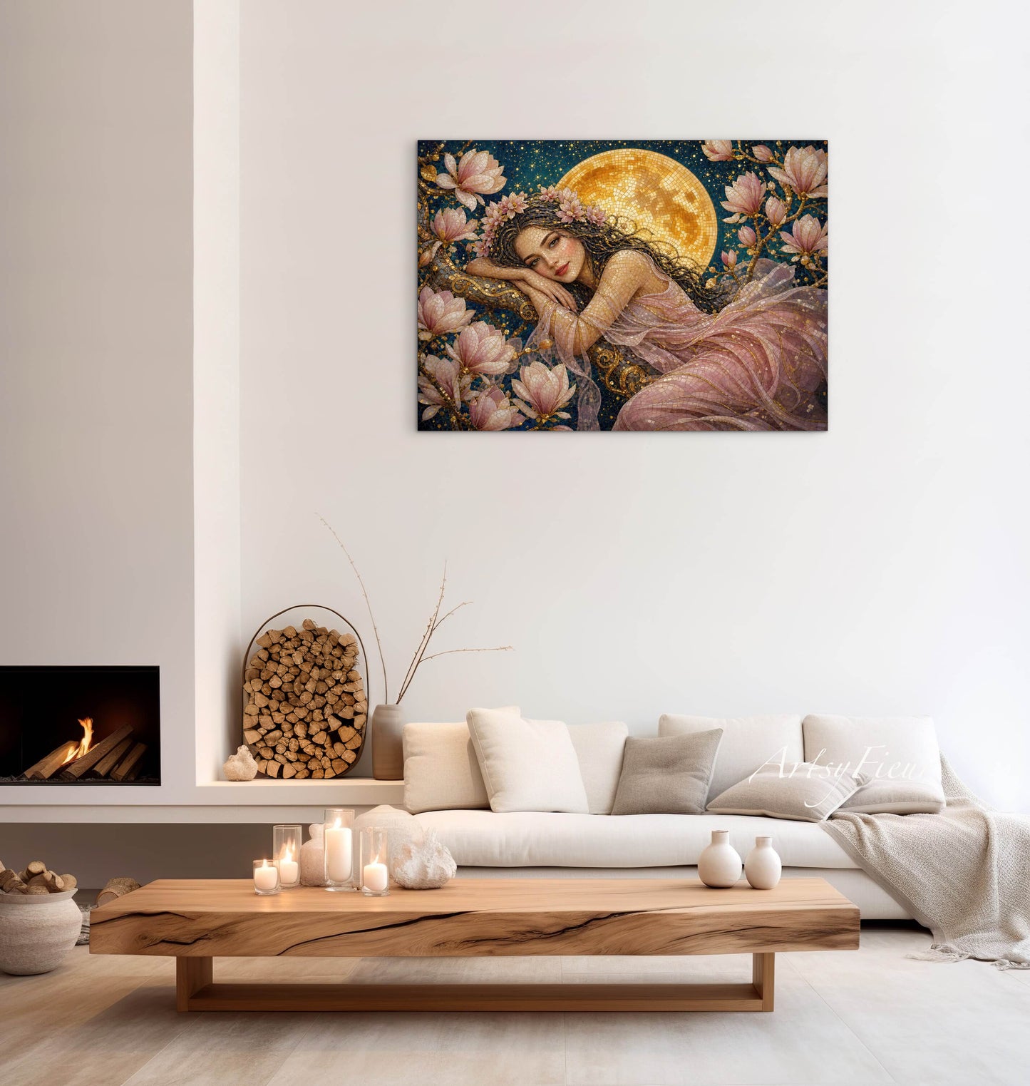 Framed Canvas- Vibrant Magnolia Flowers Beautiful Brunette Woman’s Abstract Portrait Mosaic Original Artwork Fantasy Wall Art Print