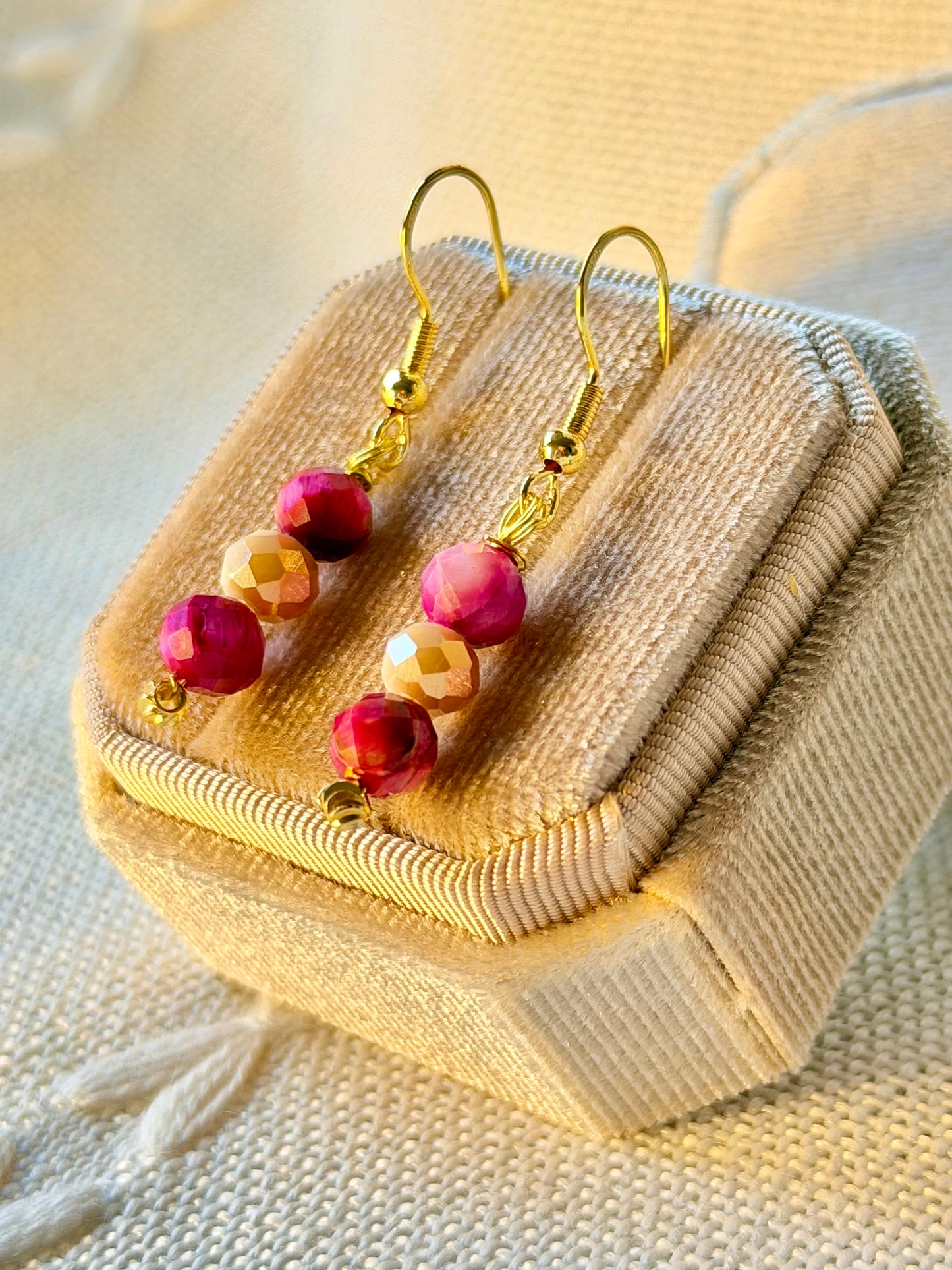 Natural Pink Tigers Eye Earrings Minimalist Crystal Gemstone Earrings Dangle Drop Hypoallergenic