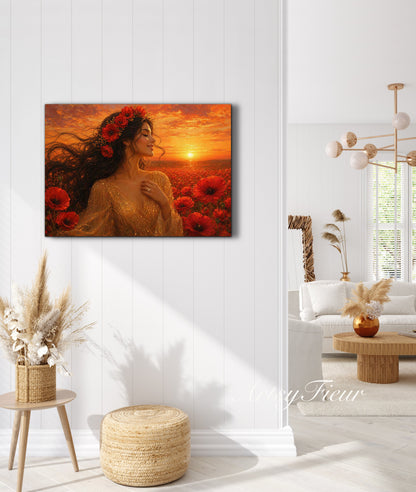 Framed Canvas - Vibrant Poppies Whimsical Full Moon Bride in Poppy Field, Wall Art Ready to hang Oil Painting Original Artwork Print